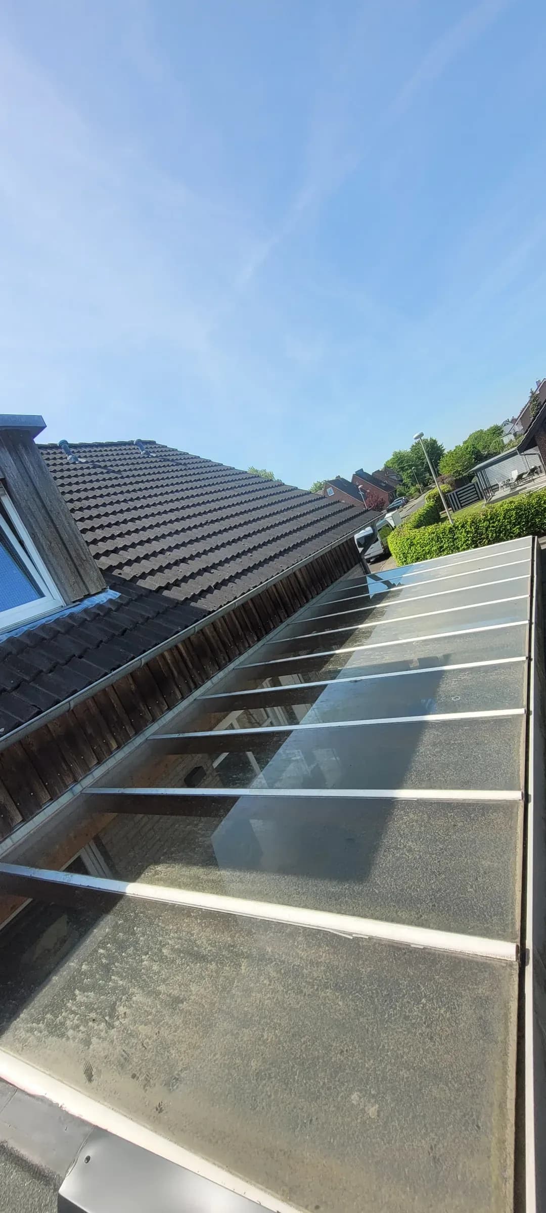 Terrassendach aus Stegplatten mit graugrünem Moosfilm vor der Reinigung durch Gebäudedienstleistungen JULE